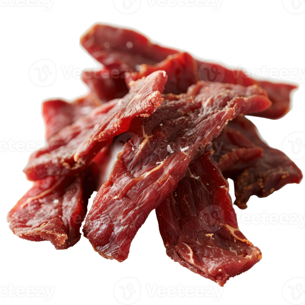 Freshly Dried Beef Jerky Slices on White Background for Snack and Culinary Use png