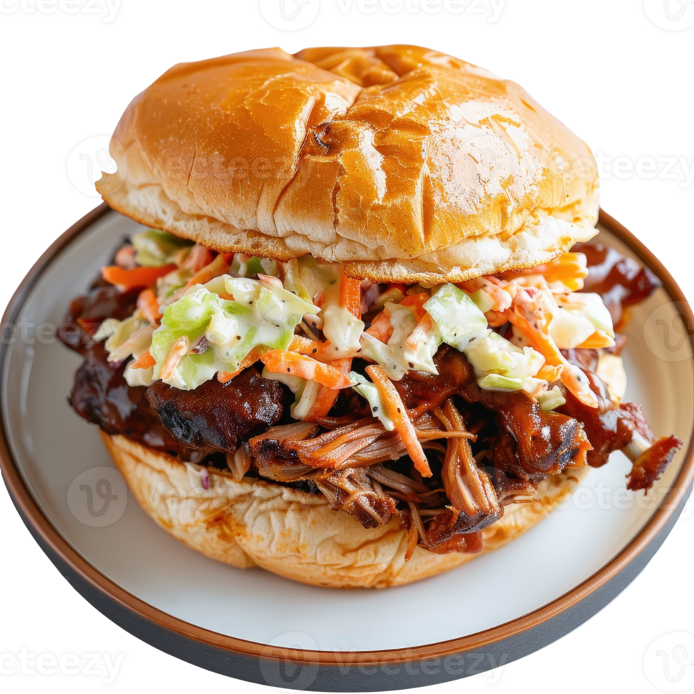Delicious Pulled Pork Sandwich with Coleslaw on a Soft Bun png