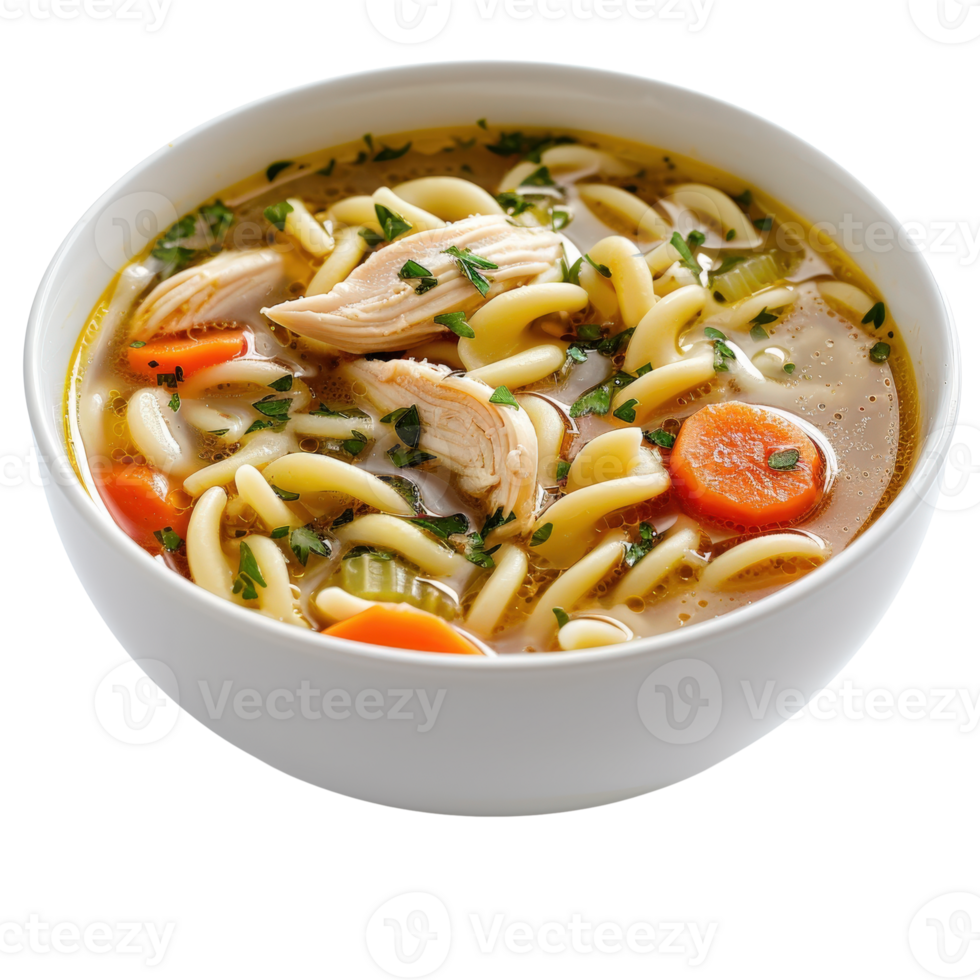 Warm and Comforting Chicken Noodle Soup with Fresh Vegetables and Herbs in a White Bowl png