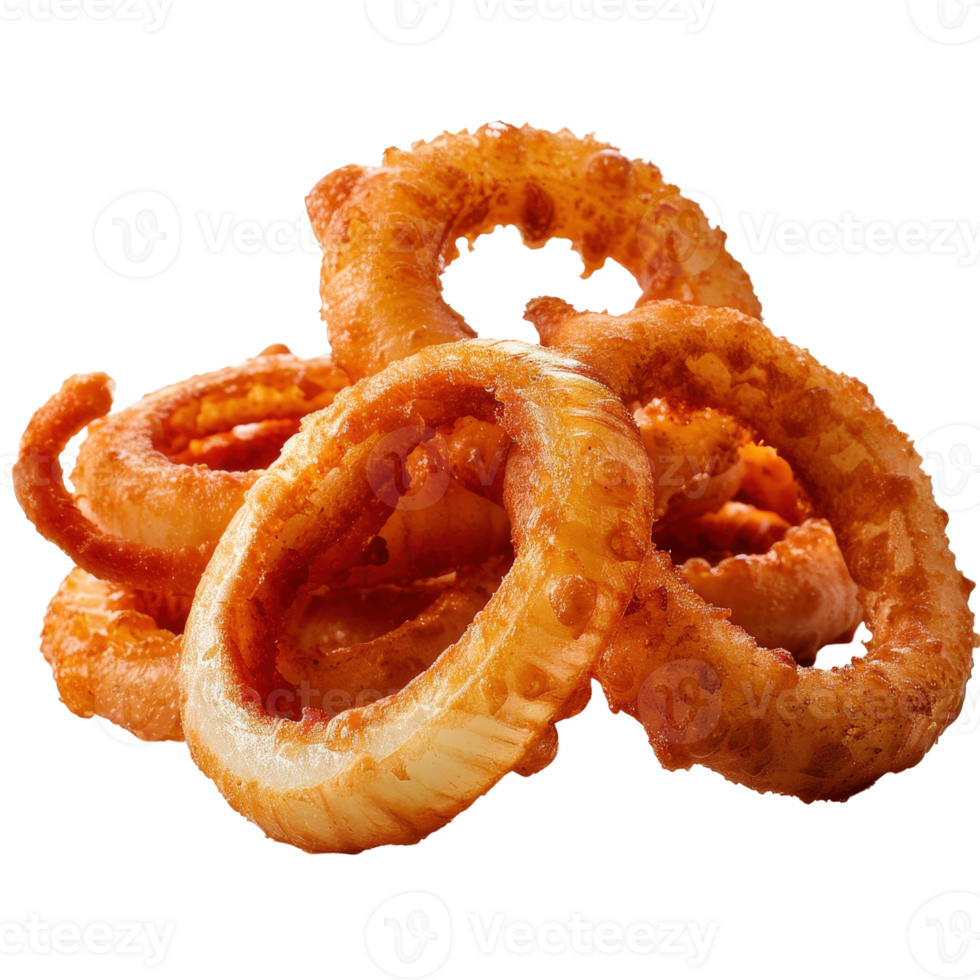 Crispy Golden Onion Rings Piled on Each Other Ready for Delicious Dipping and Enjoyment png