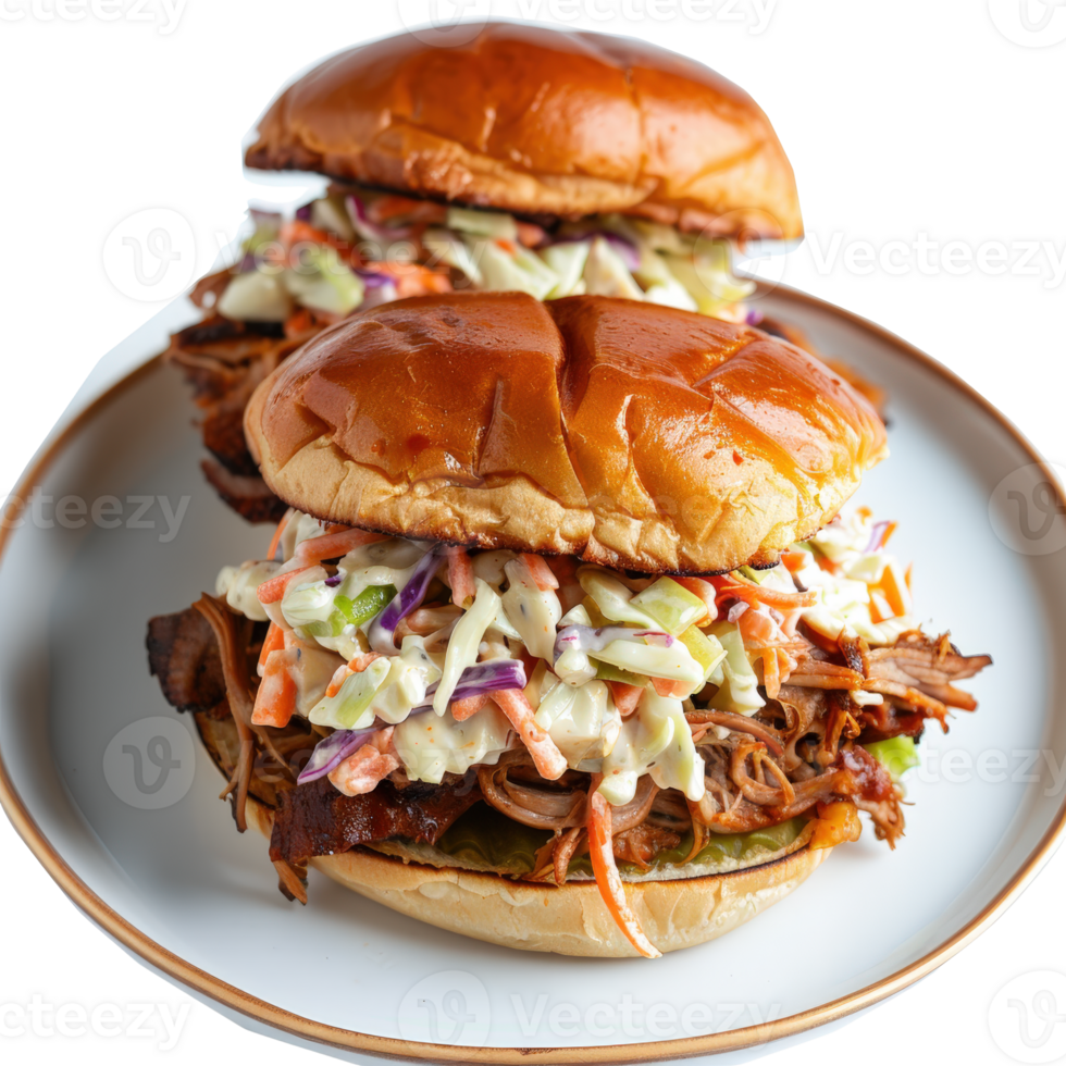 Delicious Pulled Pork Sandwiches with Tangy Coleslaw on a White Plate png