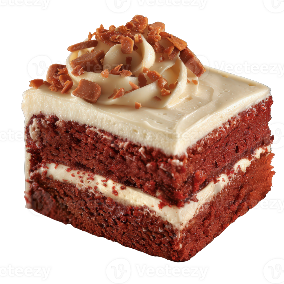 Delicious Red Velvet Cake Slice with Creamy Frosting and Toppings png
