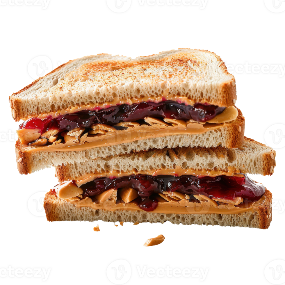 Delicious peanut butter and jelly sandwich with crispy toasted bread layers stacked high png