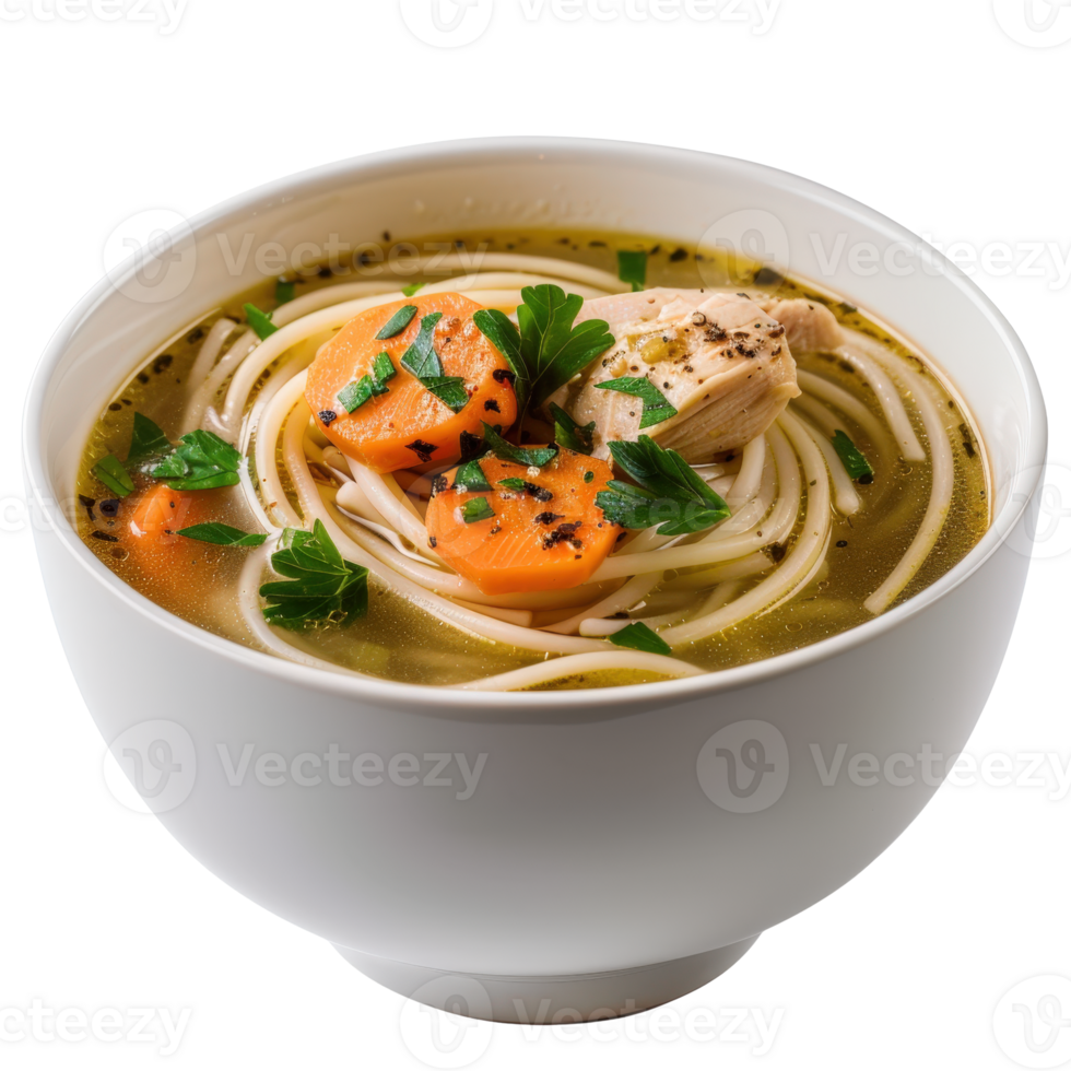 Delicious Chicken Noodle Soup with Fresh Carrots and Herbs in a White Bowl png