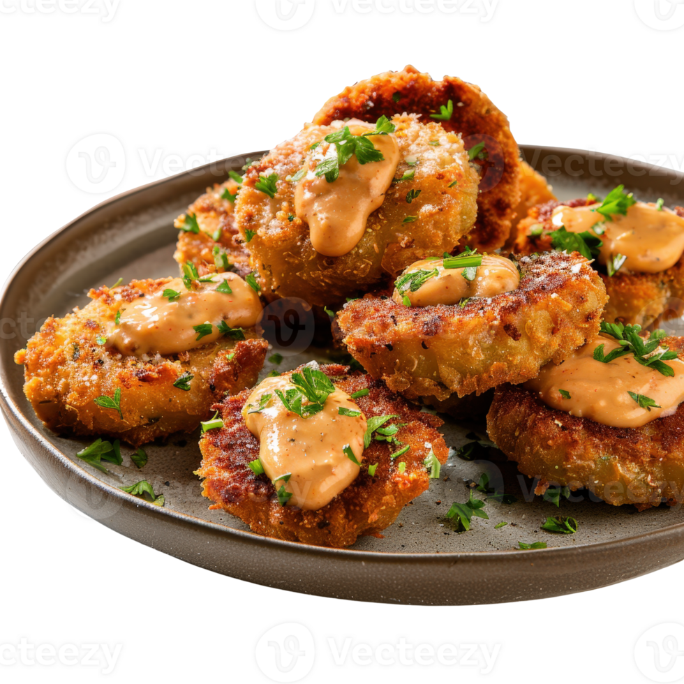 Crispy Golden Fried Potato Cakes Garnished with Sauce and Fresh Herbs on a Round Plate png
