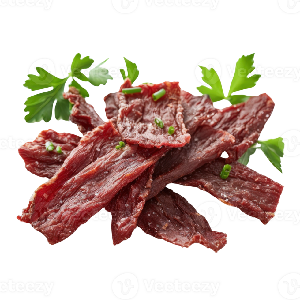 Deliciously Dried Beef Strips Garnished with Fresh Parsley and Green Onion Chives png