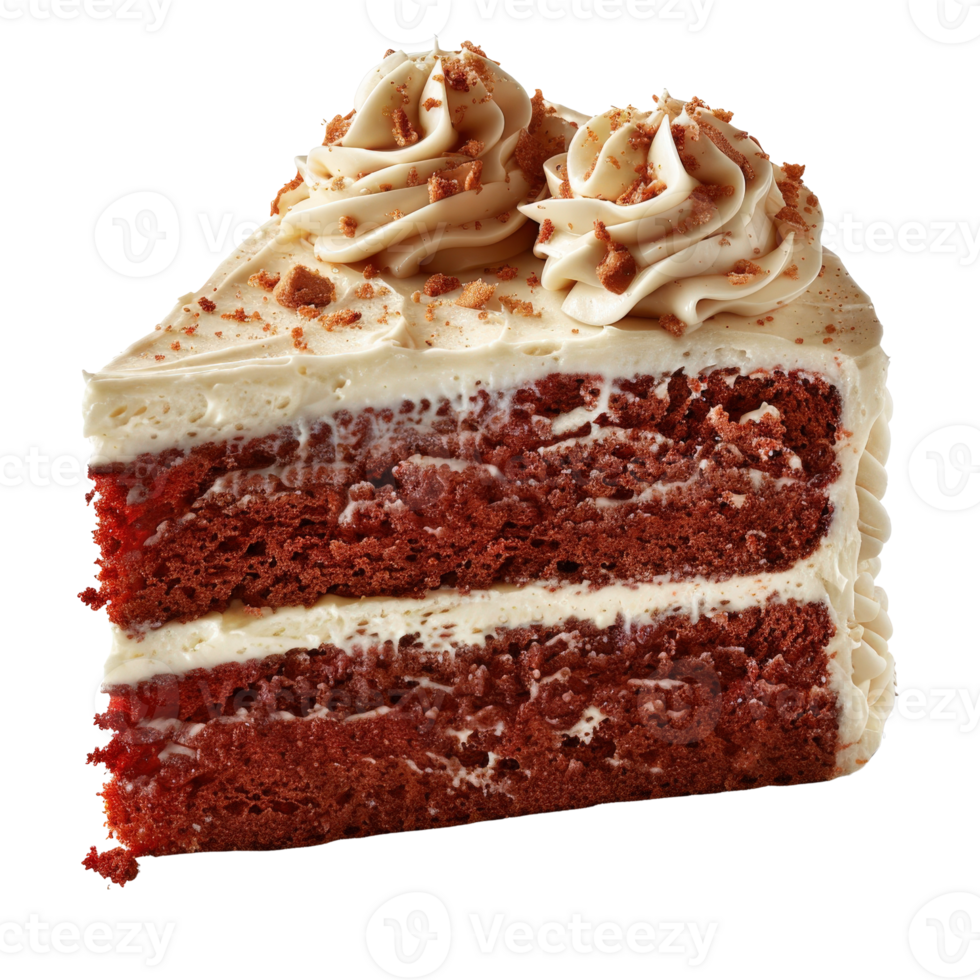 Delicious Red Velvet Cake Slice with Creamy Frosting and Crumbled Topping on White Background png