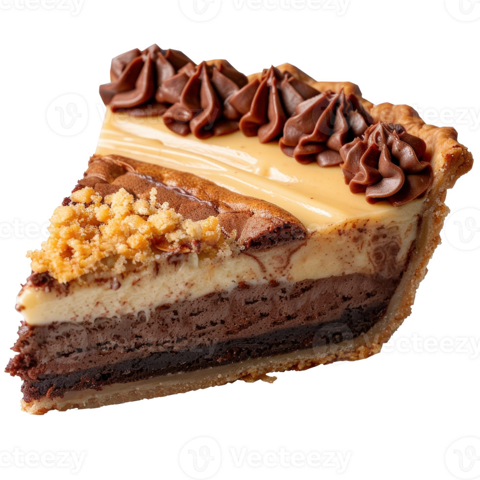 Delicious Multi-Layer Dessert Slice with Creamy Chocolate and Cookie Crumble Topping png
