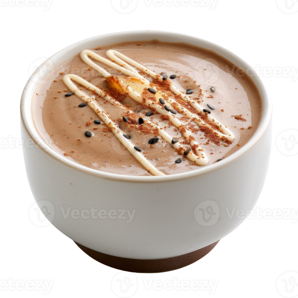 Smooth and Creamy Chocolate Dessert in Elegant White Bowl with Beautiful Drizzle Design png