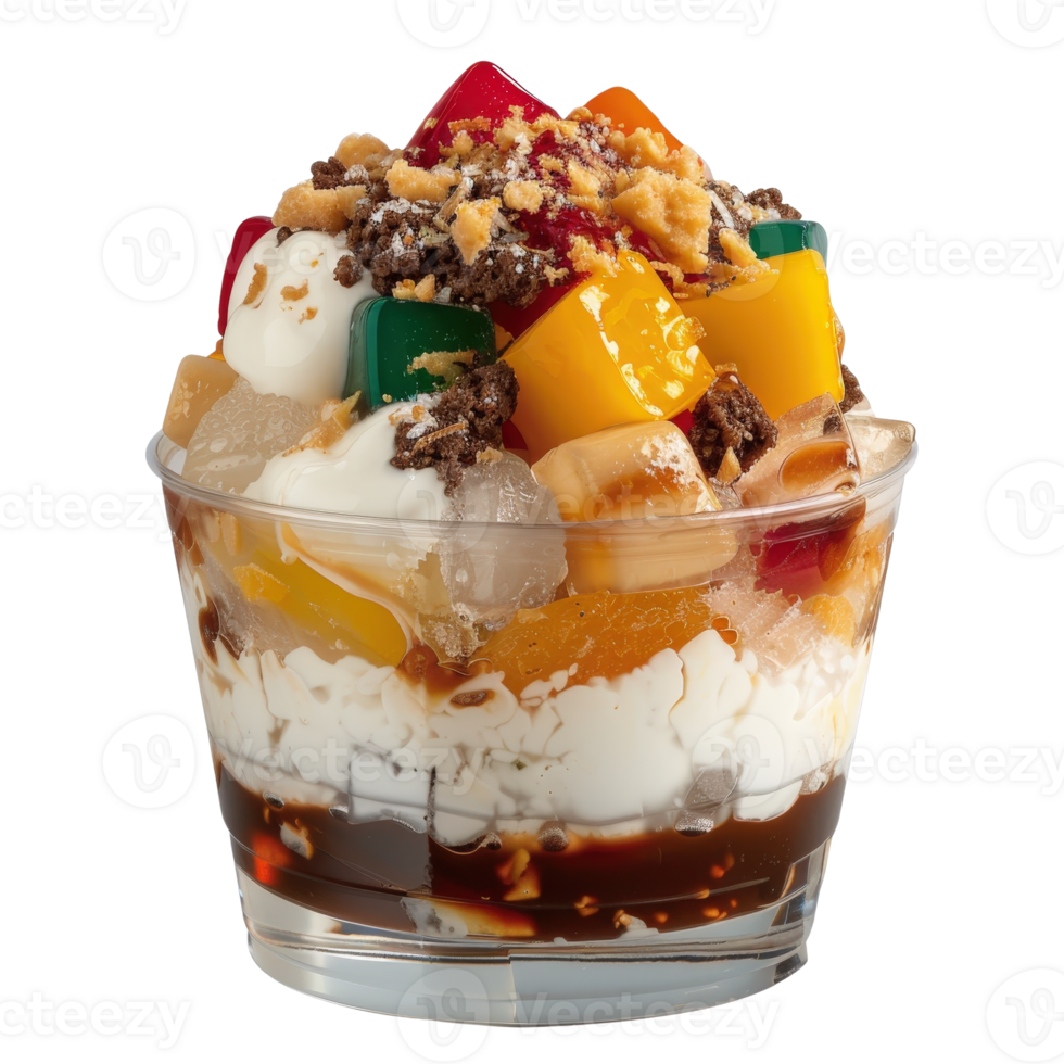 Colorful Dessert Parfait with Fruits, Cream, Jelly, and Crushed Toppings in a Clear Glass Cup png