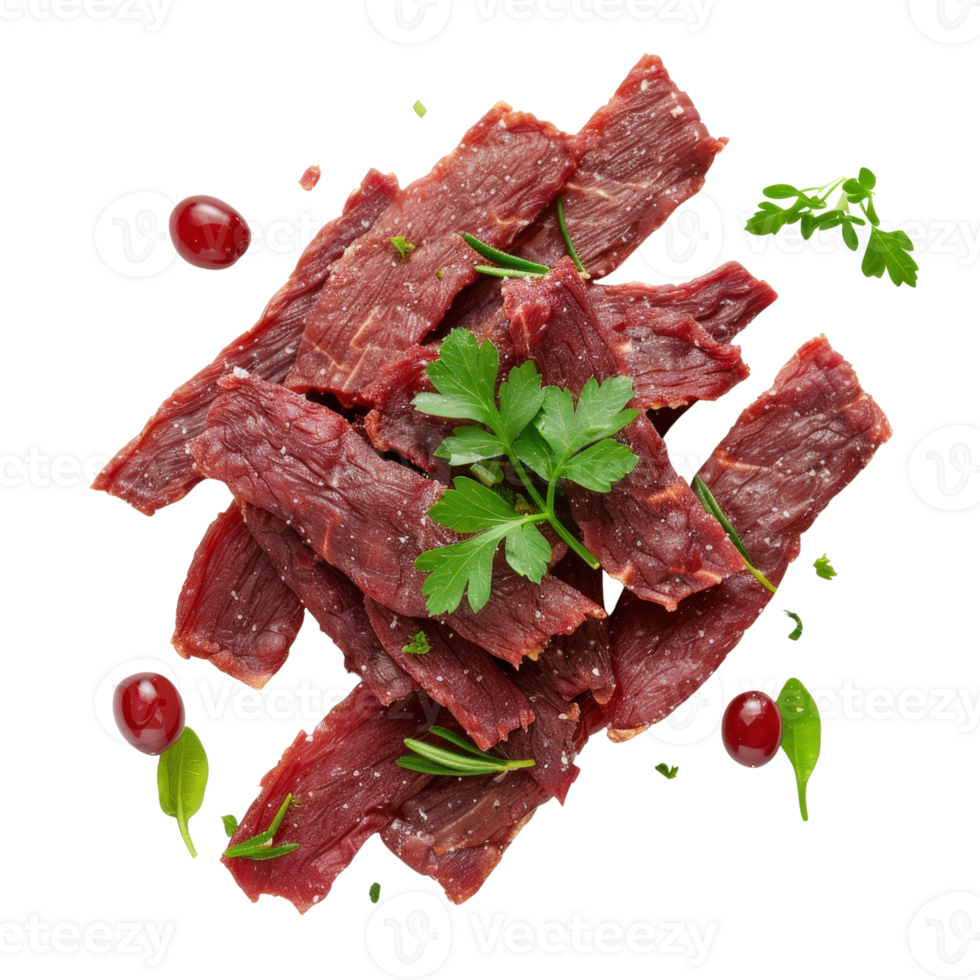Freshly Prepared Lean Jerky with Green Herbs and Red Berries on White Background png