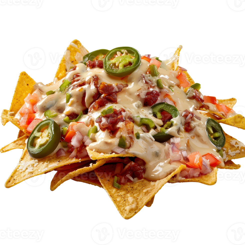 Delicious Nachos with Cheddar Cheese, Fresh Vegetables, Bacon Bits, and Jalapeno Peppers png