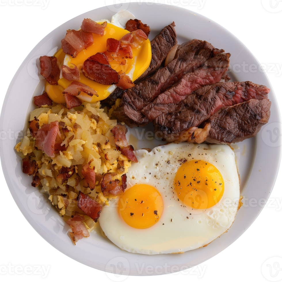 Hearty Breakfast Plate with Steak, Eggs, Potatoes, and Bacon on a White Plate png