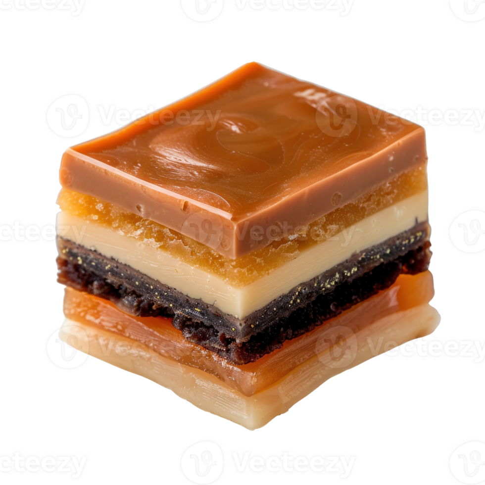 Colorful Layered Dessert Slice with Chocolate, Vanilla, and Caramel Toppings png