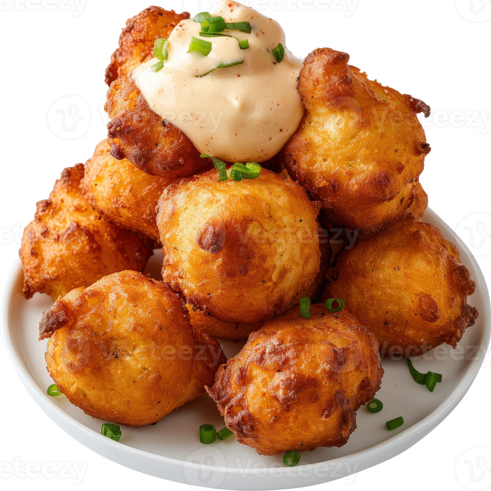 Crispy Golden Fried Corn Fritters with Creamy Sauce and Chopped Green Onions png