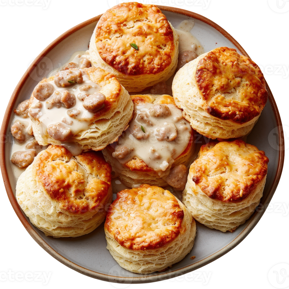 Delicious Southern Style Biscuits with Creamy Gravy on a Decorative Plate png
