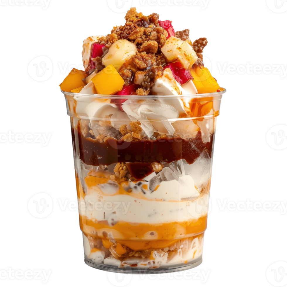 Delicious layered dessert with fruits, whipped cream and crunchy toppings in clear cup png
