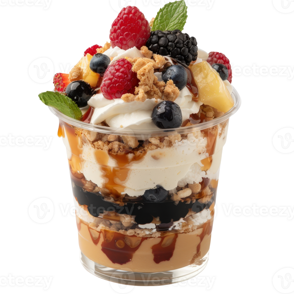 Delicious Layered Dessert with Cream, Fruits, and Toppings in Clear Plastic Cup png