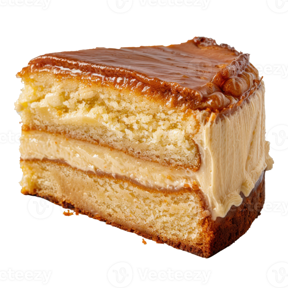 Delicious Layered Cake with Creamy Filling and Golden Caramel Frosting on White Background png
