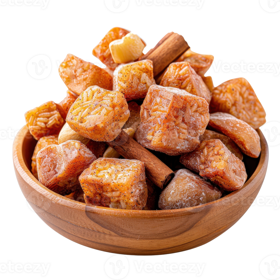 Sweet and Spicy Sugar Cubes in Wooden Bowl with Cinnamon Sticks for Culinary Delights png
