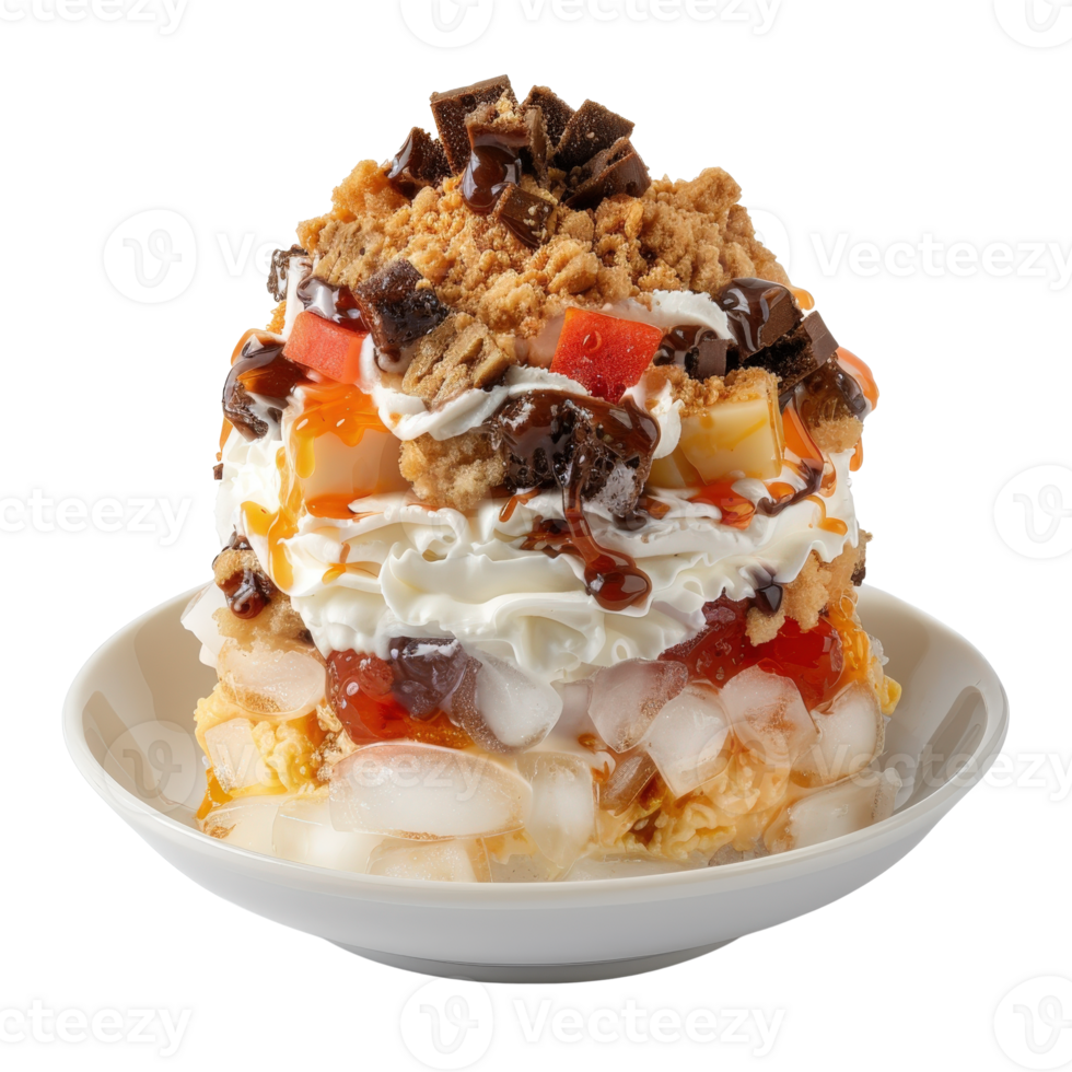 Deliciously Layered Dessert with Ice Cream, Chocolate, Whipped Cream, and Crunchy Toppings png