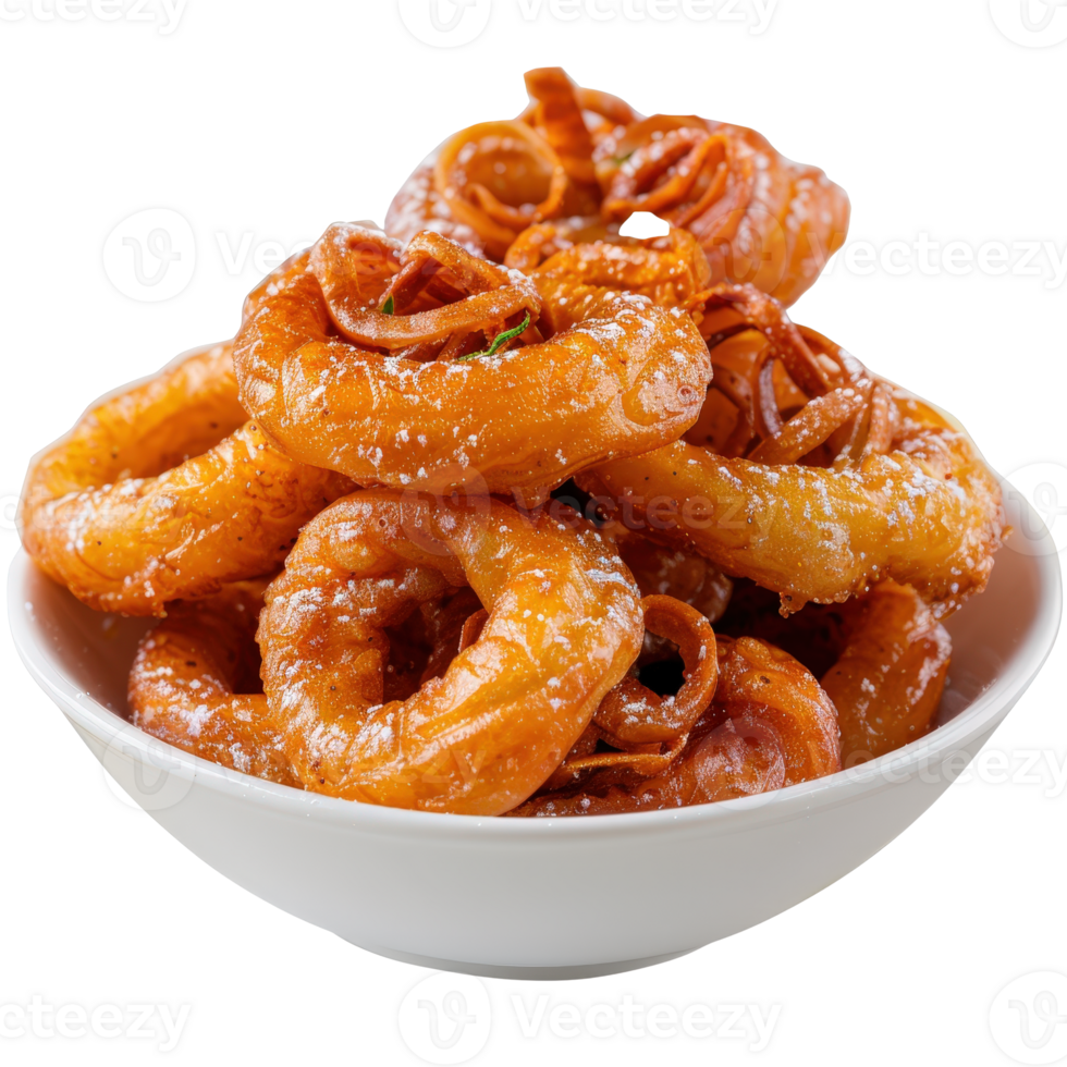 Golden Crispy Onion Rings Served in a White Bowl Ready for Delicious Snacking and Sharing png