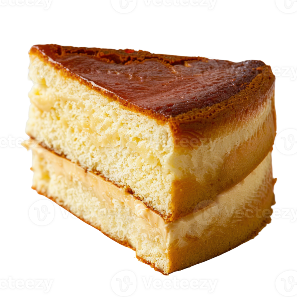 Freshly Baked Slice of Creamy Cheesecake with Golden Brown Top Layer on White Background png