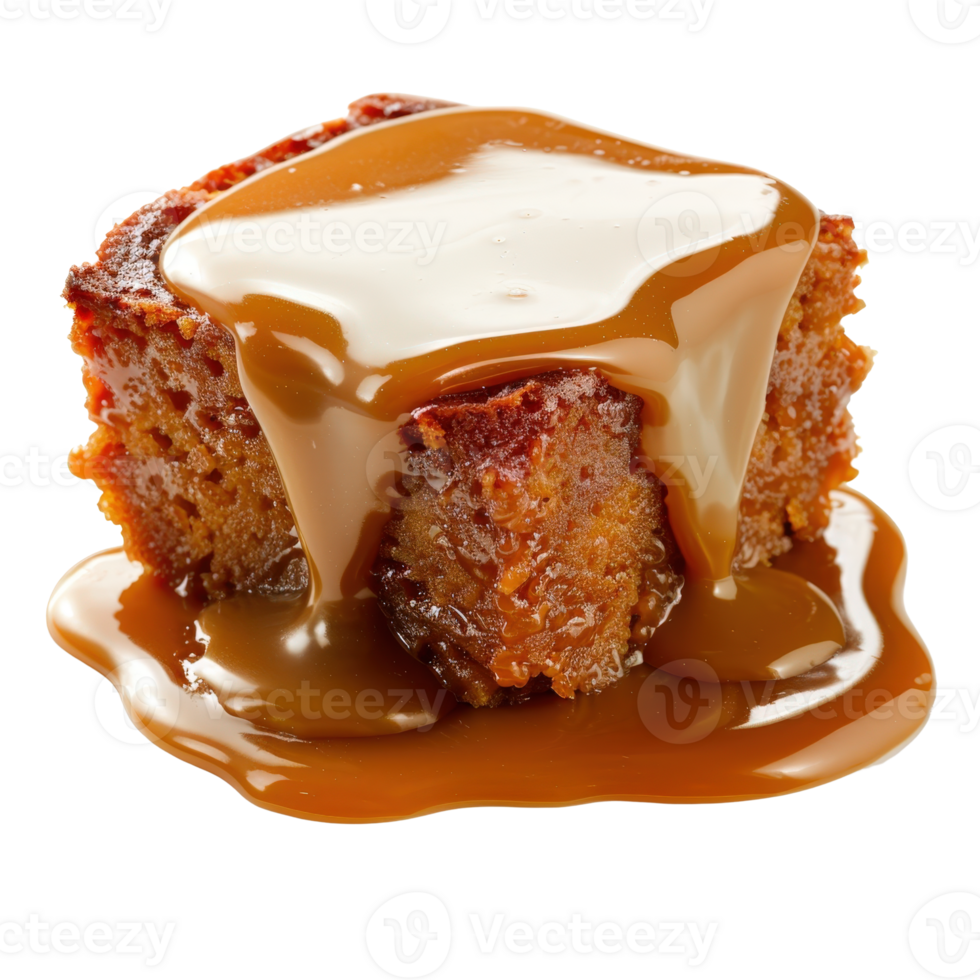 Moist and Delicious Caramel Cake with Drizzling Caramel Sauce on a White Background png