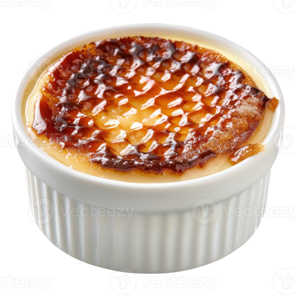 Deliciously Caramelized Cream Dessert in Elegant White Ramekin with Perfect Texture and Color png