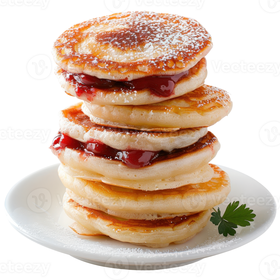 Stack of Delicious Pancakes with Jam and Powdered Sugar on a White Plate png