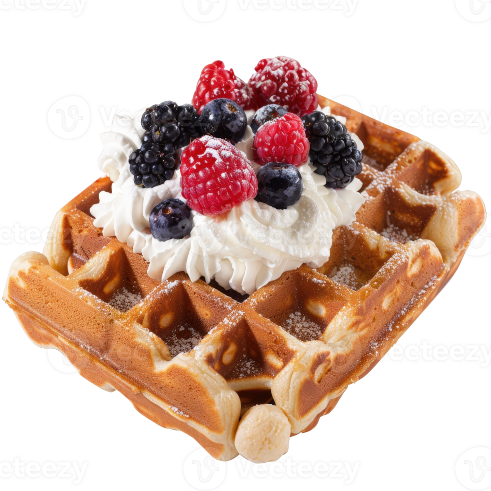 Delicious golden waffle topped with fresh berries and whipped cream on a white background png