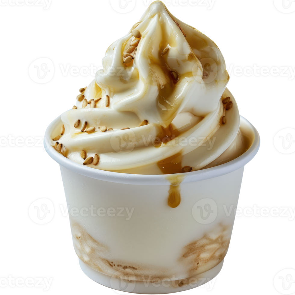 Creamy Soft Serve Ice Cream with Caramel Sauce and Toppings in a Disposable Cup png