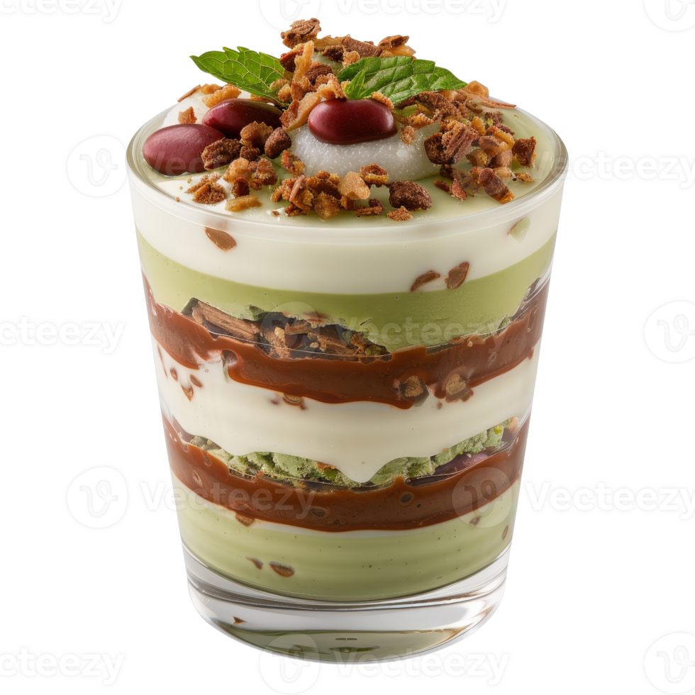 Delicious Layered Dessert with Cream, Chocolate, Mint, and Crunchy Toppings in a Clear Glass png