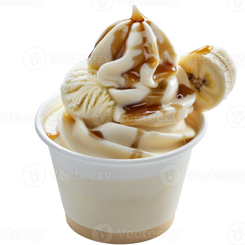 Creamy Vanilla Ice Cream with Caramel Swirls and Banana Slices in a Cup png
