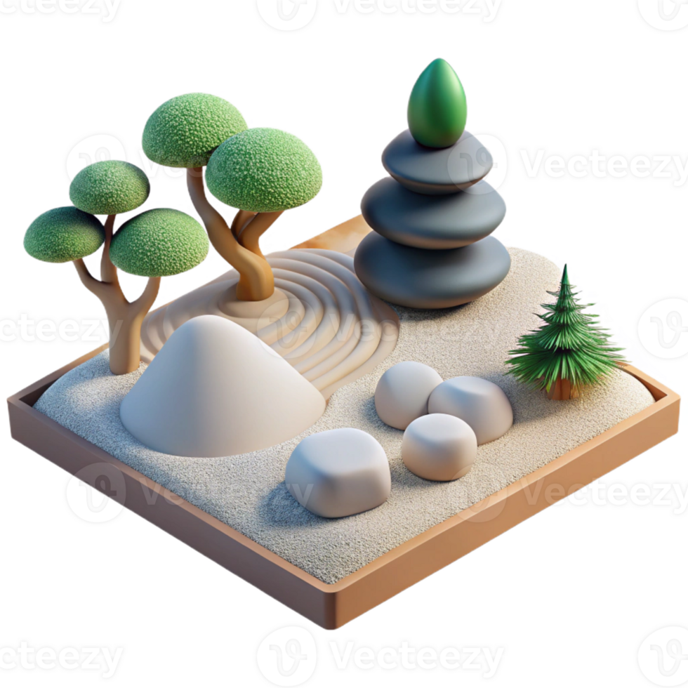 vibrant minimalist A serene Zen garden, carefully raked gravel and bonsai trees, soft morning light, rendered in a calming, minimalist style genuine png