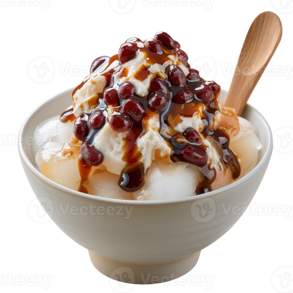 Delightful Dessert Bowl with Shaved Ice, Cream, Red Beans, and Sweet Syrup Drizzle png