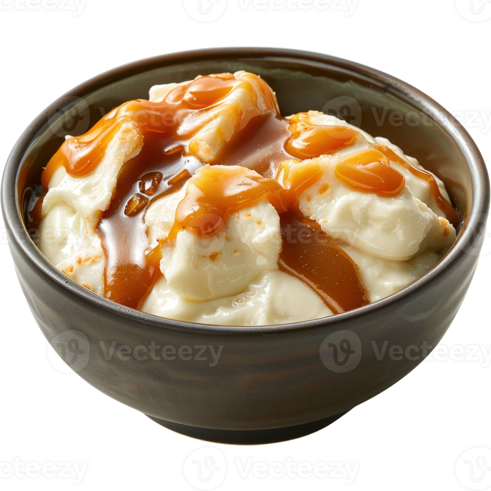 Creamy Dessert with Vanilla and Caramel Sauce in Dark Ceramic Bowl png