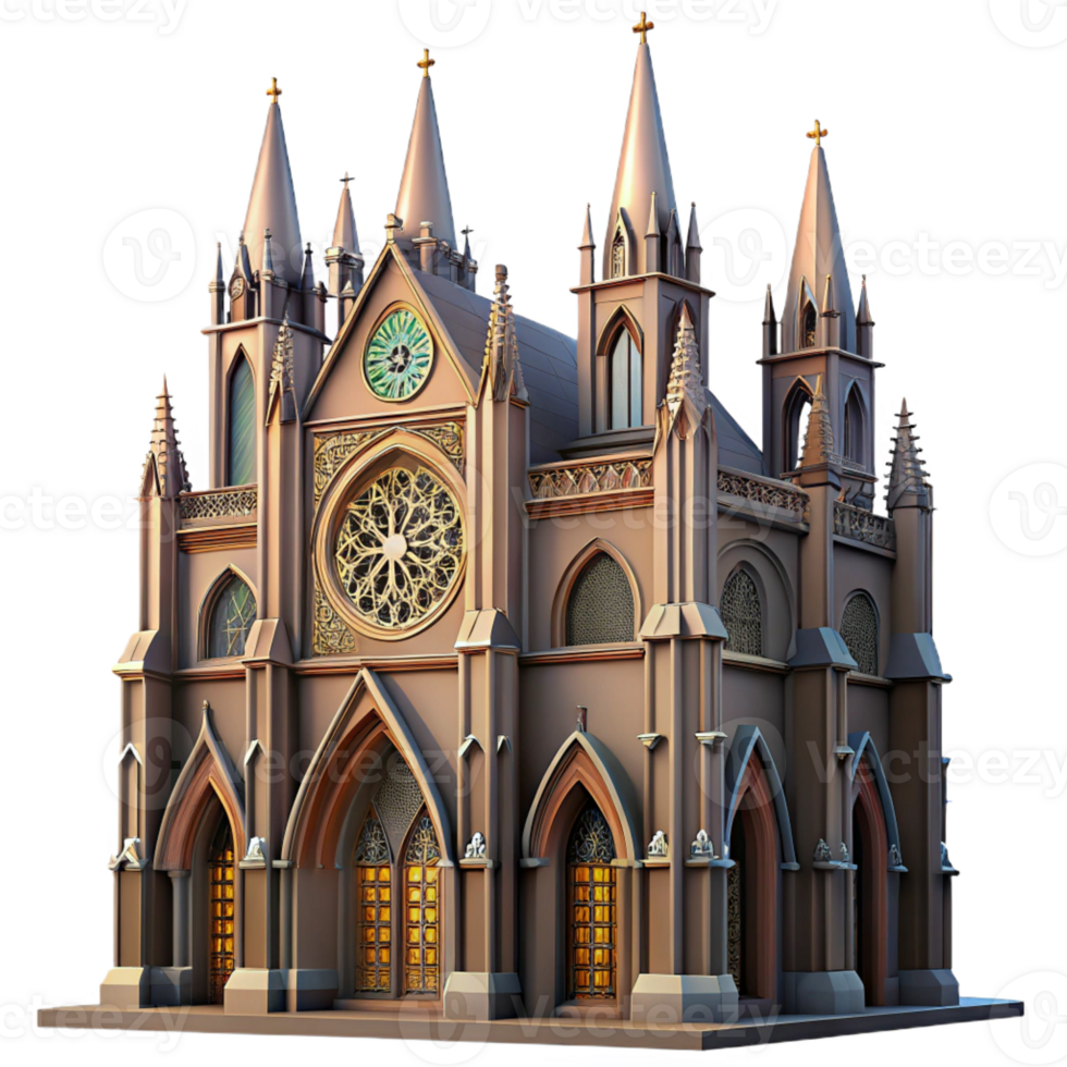 stunning creative A majestic Gothic cathedral, soaring arches and stained glass rose windows, dramatic chiaroscuro lighting, rendered in a classical style detailed png