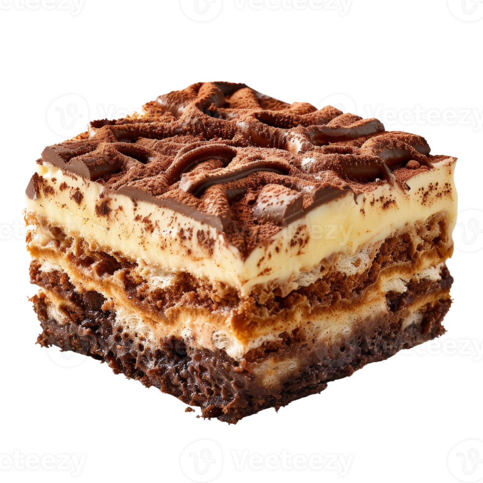 Delicious Chocolate and Vanilla Cream Dessert Layer with Cocoa Topping and Biscuit Base png