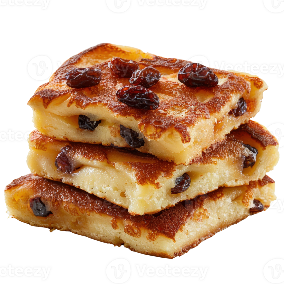 Delicious Golden Brown Rice Cake with Raisins Stacked on a White Background for Culinary Use png