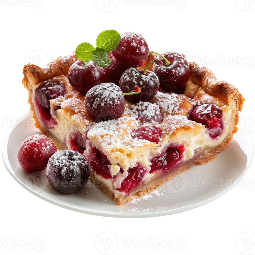 Delicious Cherry Bake with Fresh Berries and Powdered Sugar on White Plate png