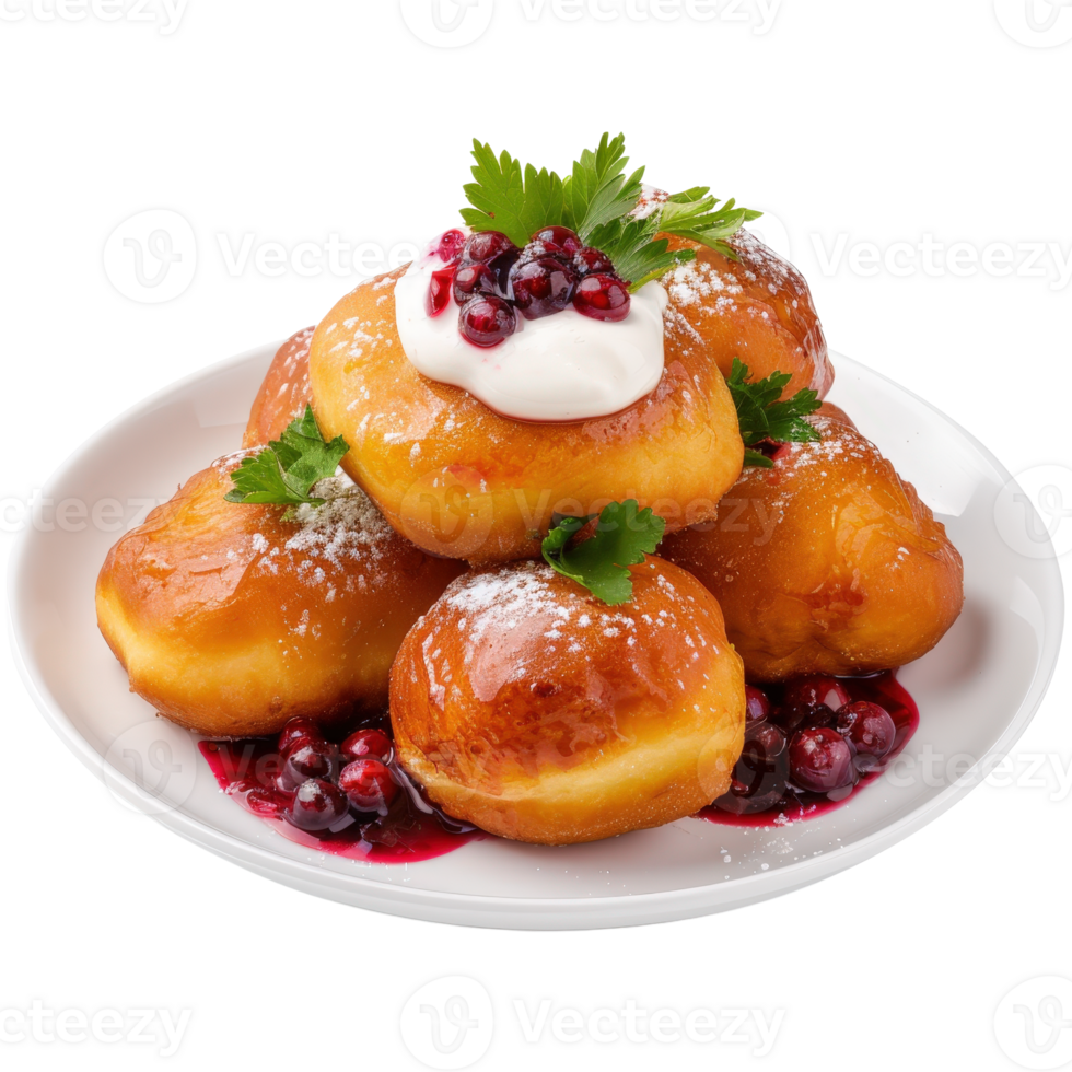 Deliciously Fried Pastries with Cream and Berries on a White Plate png