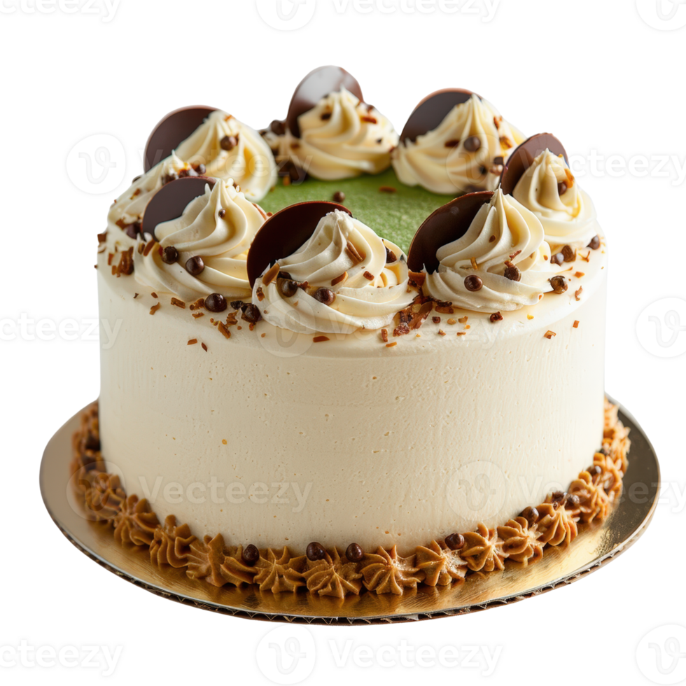 Delicious Vanilla Cake Topped with Chocolate and Cream Decorations Ideal for Celebrations png