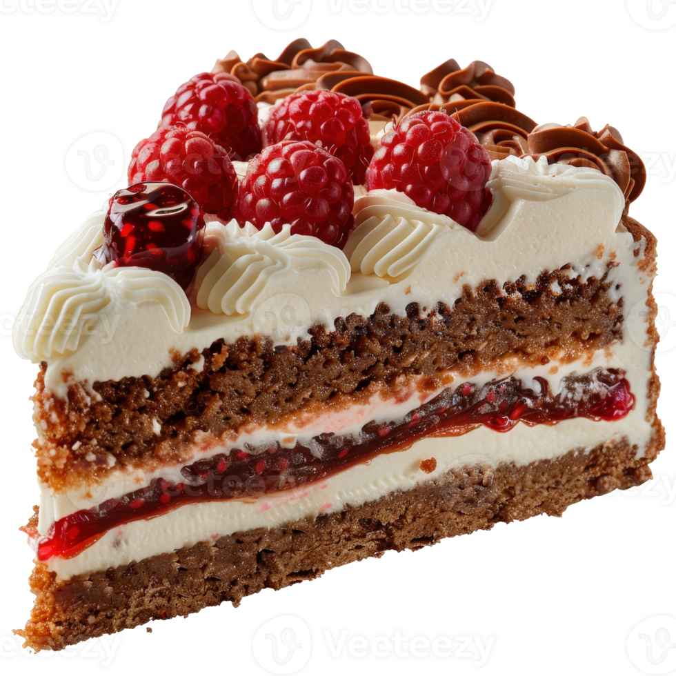 Delicious Chocolate Cake Slice with Cream Topping and Fresh Raspberries on White Background png