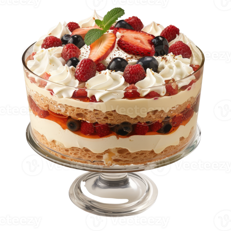 Delightful Layered Dessert with Fresh Berries, Cream, and Crunchy Toppings in Glass Bowl png