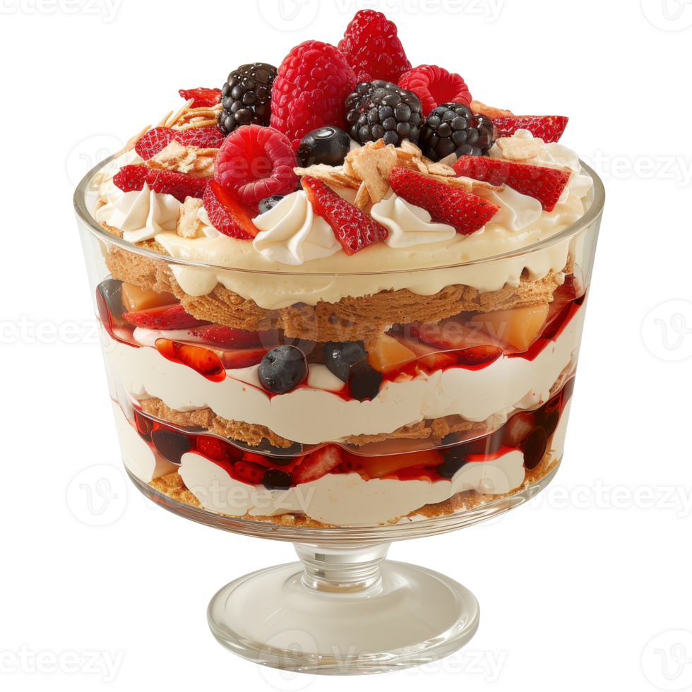 Delicious Fruit Trifle with Layers of Cream, Cake, and Berries in a Clear Glass Bowl png