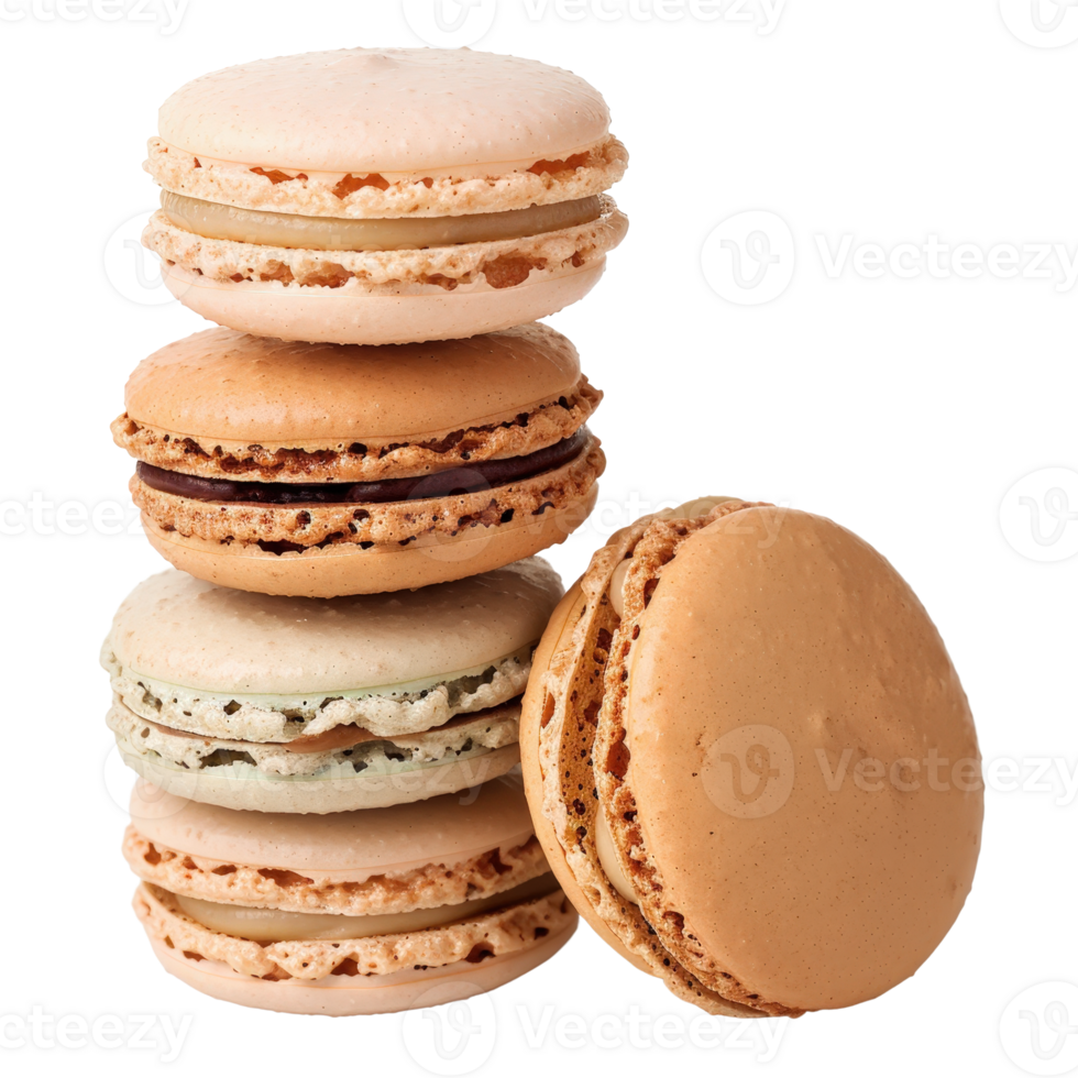 Assorted French Macarons Stacked on Each Other in Elegant Presentation on White Background png