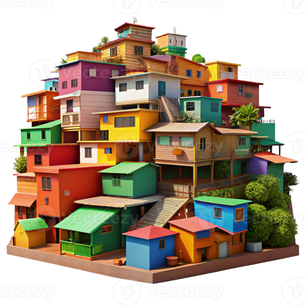 extraordinary modern A colorful favela built on a hillside, vibrant paint and corrugated metal, bright sunlight, rendered in a realistic, documentary style authentic png