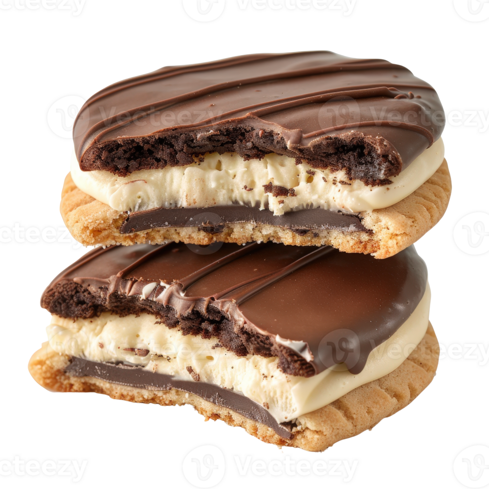 Decadent Chocolate-Dipped Cookies with Cream Filling Stack Against White Background png