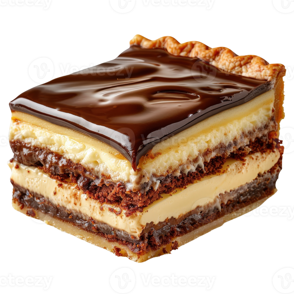 Delicious layered dessert with chocolate glaze, creamy filling, and crispy edges png